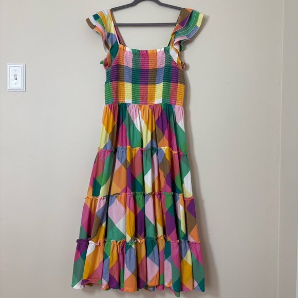 Crown Ivy Rainbow Plaid Smocked Tiered Ruffle Midi Dress L Boho Vacation Resort - Picture 2 of 16